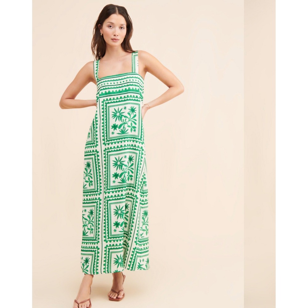 Mon Renn Losas Maxi Dress Women L Green Good Linen Blend Tie Back Floral
